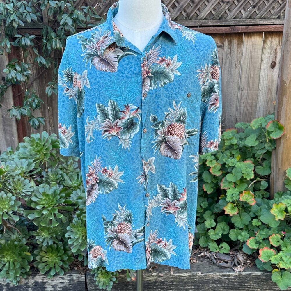Island Shores Blue Floral Men's XXL Hawaiian Tropical Button Down Shirt